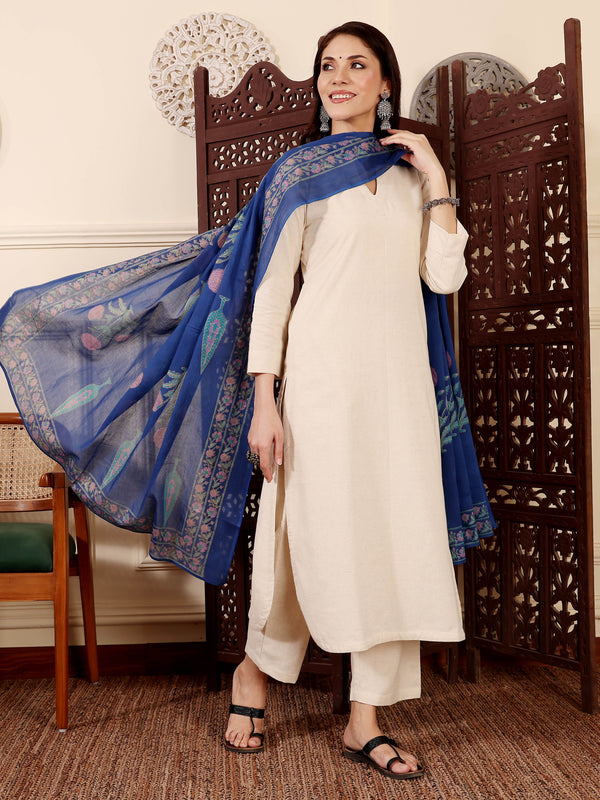 Women's Chanderi Silk Solid Kurti Pant Set with Printed Chanderi Dupatta