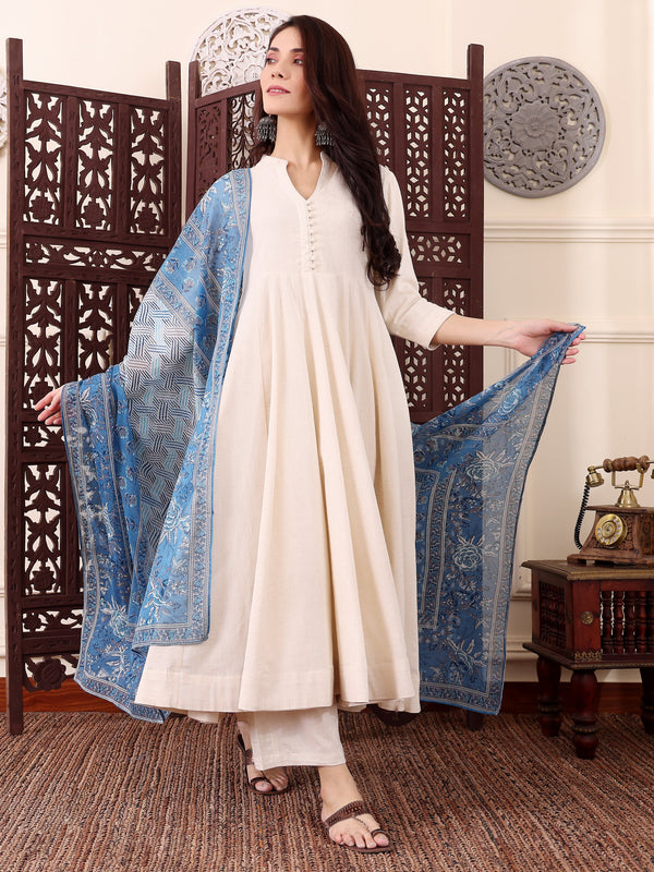 Women's Chanderi Silk Solid Kurti Pant Set with Printed Chanderi Cotton Dupatta