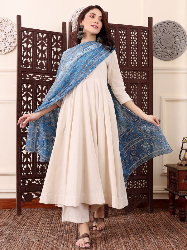Women's Chanderi Silk Solid Kurti Pant Set with Printed Chanderi Cotton Dupatta