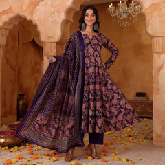 Women's Rayon Blend Printed Kurti Pant Set with Printed Chanderi Cotton Dupatta