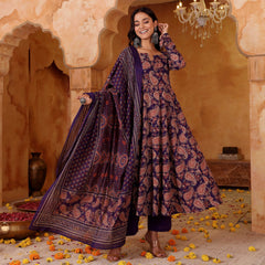 Women's Rayon Blend Printed Kurti Pant Set with Printed Chanderi Cotton Dupatta