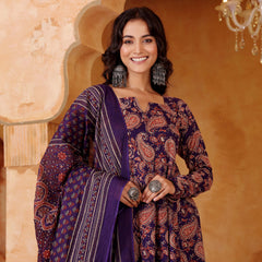 Women's Rayon Blend Printed Kurti Pant Set with Printed Chanderi Cotton Dupatta