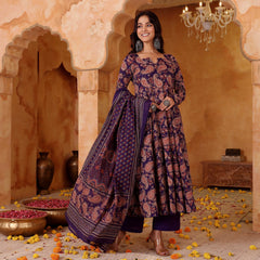 Women's Rayon Blend Printed Kurti Pant Set with Printed Chanderi Cotton Dupatta