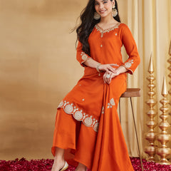 Vichitra Silk Embroidered Kurti Pant Set with Embroidered Dupatta