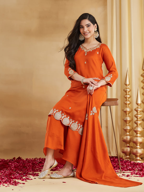 Vichitra Silk Embroidered Kurti Pant Set with Embroidered Dupatta