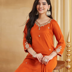 Vichitra Silk Embroidered Kurti Pant Set with Embroidered Dupatta