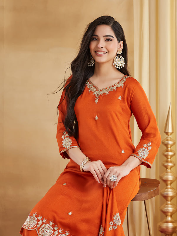 Vichitra Silk Embroidered Kurti Pant Set with Embroidered Dupatta