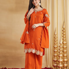Vichitra Silk Embroidered Kurti Pant Set with Embroidered Dupatta