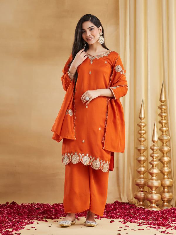Vichitra Silk Embroidered Kurti Pant Set with Embroidered Dupatta