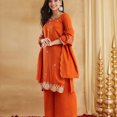 Vichitra Silk Embroidered Kurti Pant Set with Embroidered Dupatta