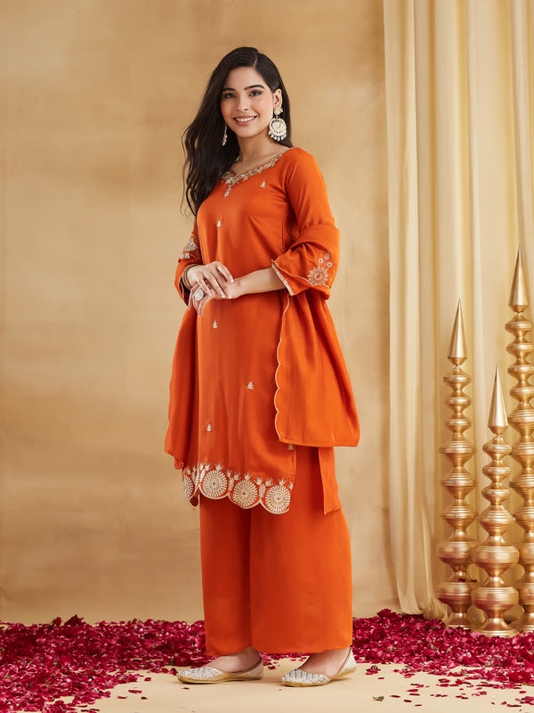 Vichitra Silk Embroidered Kurti Pant Set with Embroidered Dupatta