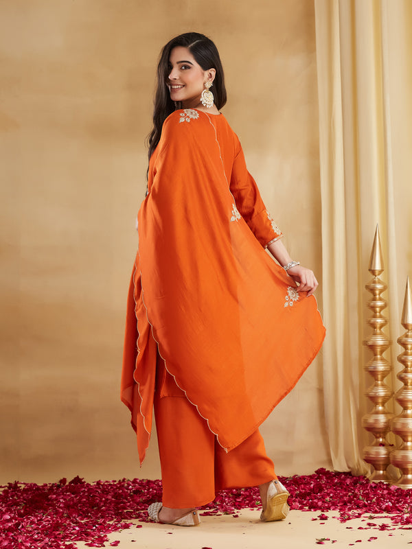 Vichitra Silk Embroidered Kurti Pant Set with Embroidered Dupatta