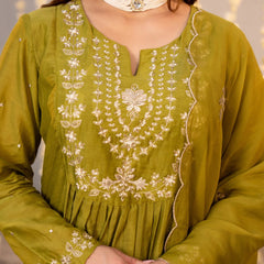 Chanderi Silk Embroidered Kurti Pant Set with Embroidered Dupatta