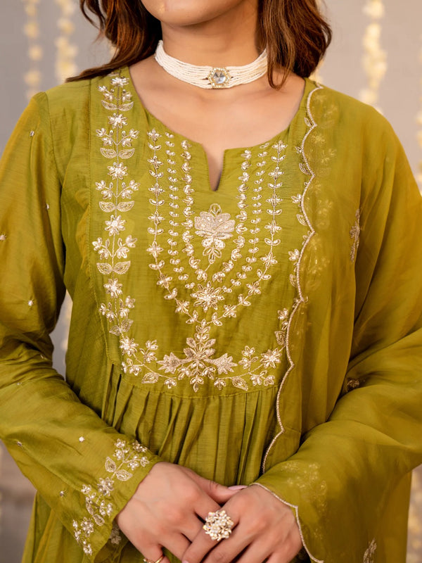 Chanderi Silk Embroidered Kurti Pant Set with Embroidered Dupatta