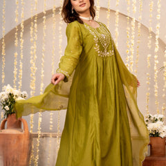 Chanderi Silk Embroidered Kurti Pant Set with Embroidered Dupatta