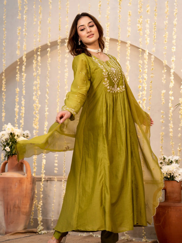 Chanderi Silk Embroidered Kurti Pant Set with Embroidered Dupatta