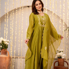 Chanderi Silk Embroidered Kurti Pant Set with Embroidered Dupatta