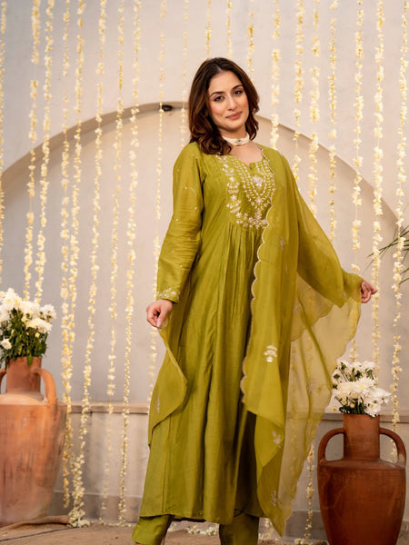 Chanderi Silk Embroidered Kurti Pant Set with Embroidered Dupatta