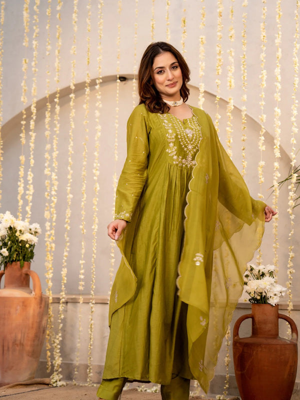 Chanderi Silk Embroidered Kurti Pant Set with Embroidered Dupatta