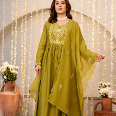 Chanderi Silk Embroidered Kurti Pant Set with Embroidered Dupatta