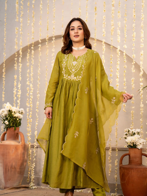 Chanderi Silk Embroidered Kurti Pant Set with Embroidered Dupatta