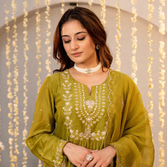 Chanderi Silk Embroidered Kurti Pant Set with Embroidered Dupatta