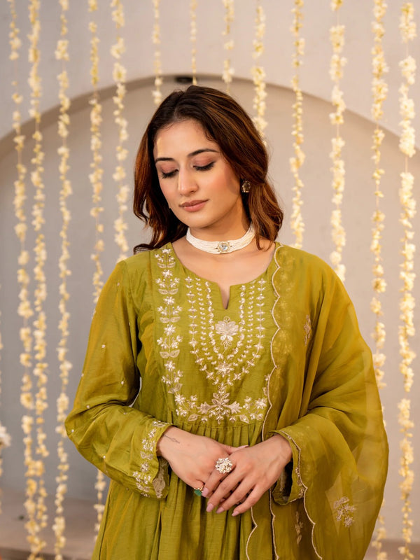 Chanderi Silk Embroidered Kurti Pant Set with Embroidered Dupatta