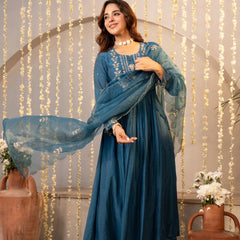 Chanderi Silk Embroidered Kurti Pant Set with Embroidered Dupatta