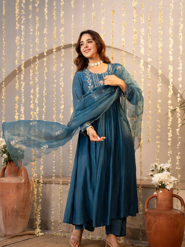Chanderi Silk Embroidered Kurti Pant Set with Embroidered Dupatta