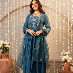 Chanderi Silk Embroidered Kurti Pant Set with Embroidered Dupatta