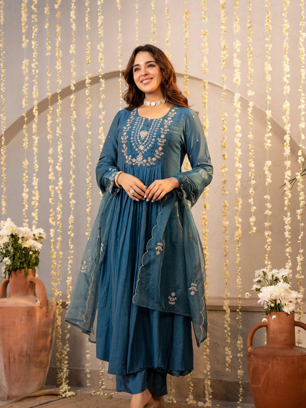 Chanderi Silk Embroidered Kurti Pant Set with Embroidered Dupatta