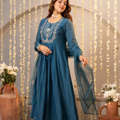 Chanderi Silk Embroidered Kurti Pant Set with Embroidered Dupatta