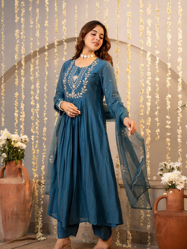 Chanderi Silk Embroidered Kurti Pant Set with Embroidered Dupatta