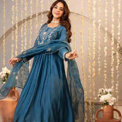 Chanderi Silk Embroidered Kurti Pant Set with Embroidered Dupatta