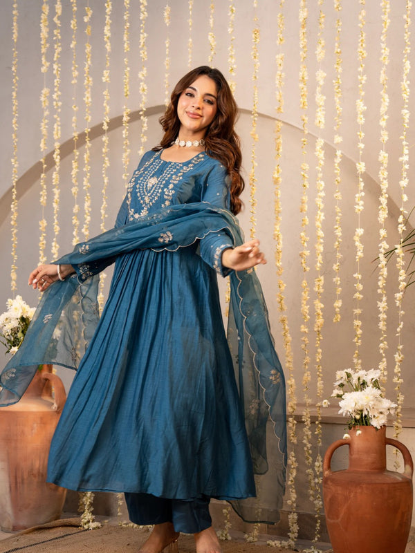Chanderi Silk Embroidered Kurti Pant Set with Embroidered Dupatta