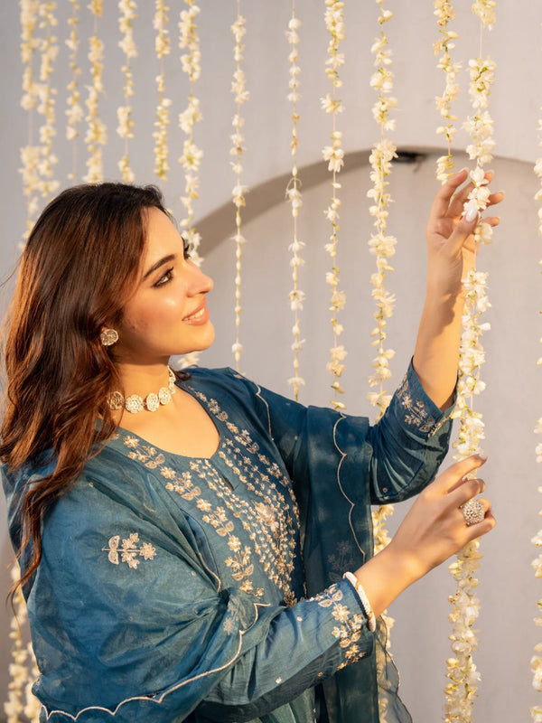 Chanderi Silk Embroidered Kurti Pant Set with Embroidered Dupatta