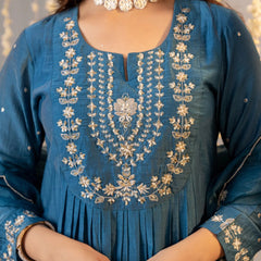 Chanderi Silk Embroidered Kurti Pant Set with Embroidered Dupatta
