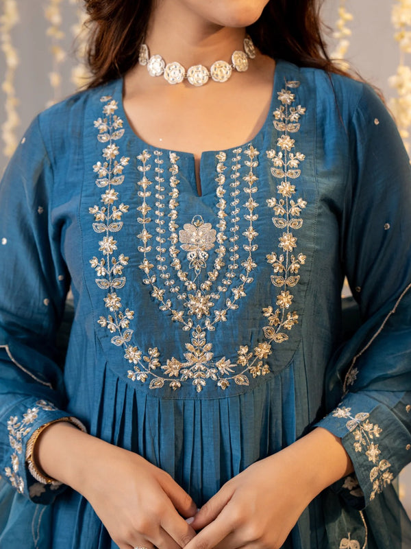 Chanderi Silk Embroidered Kurti Pant Set with Embroidered Dupatta