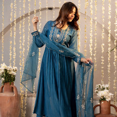 Chanderi Silk Embroidered Kurti Pant Set with Embroidered Dupatta