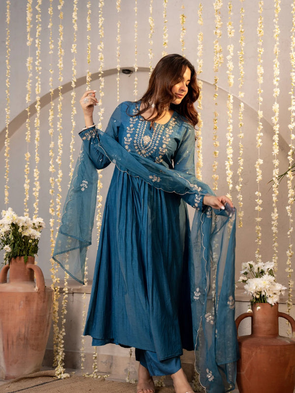 Chanderi Silk Embroidered Kurti Pant Set with Embroidered Dupatta