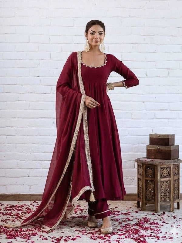 Women's Chanderi Silk Solid Kurti Pant Set with Silk Blend Dupatta