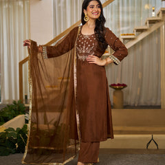 Vichitra Silk Solid Kurti Pant Set with Organza Dupatta