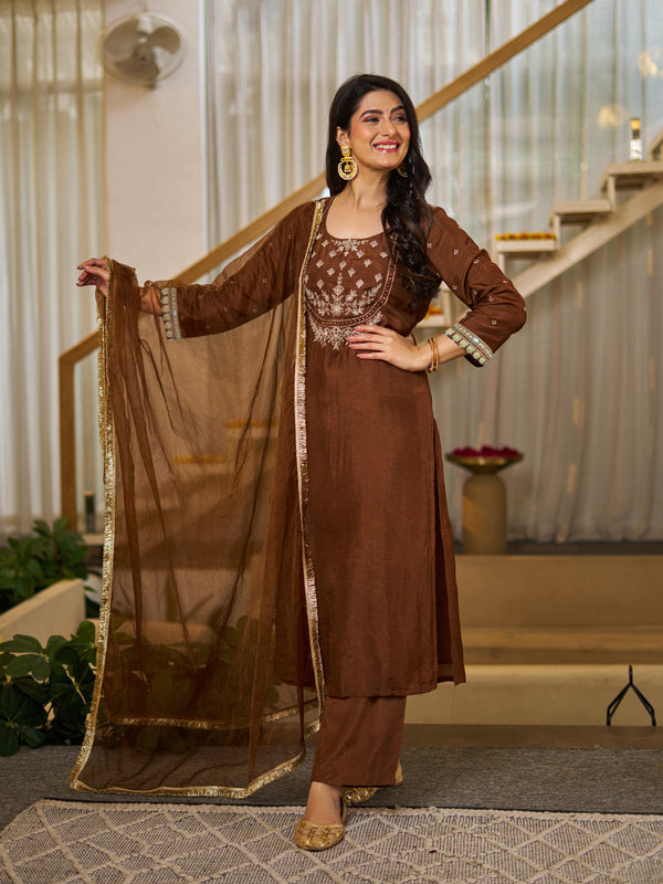 Vichitra Silk Solid Kurti Pant Set with Organza Dupatta