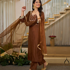 Vichitra Silk Solid Kurti Pant Set with Organza Dupatta