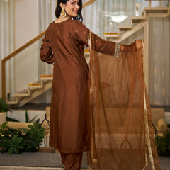 Vichitra Silk Solid Kurti Pant Set with Organza Dupatta
