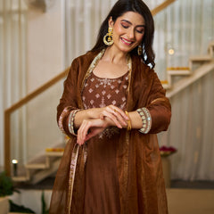 Vichitra Silk Solid Kurti Pant Set with Organza Dupatta
