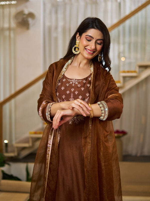 Vichitra Silk Solid Kurti Pant Set with Organza Dupatta