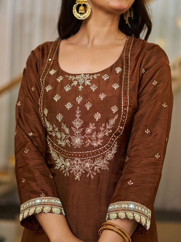 Vichitra Silk Solid Kurti Pant Set with Organza Dupatta