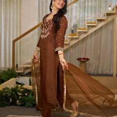Vichitra Silk Solid Kurti Pant Set with Organza Dupatta