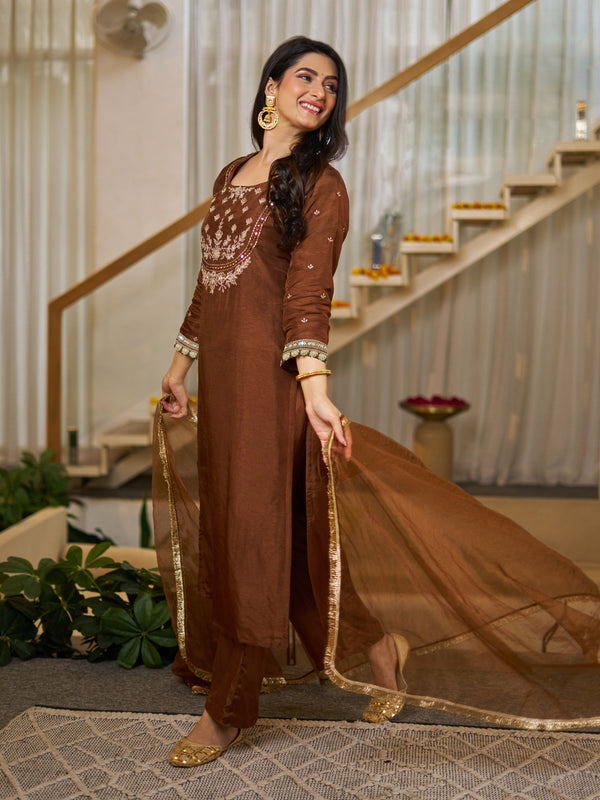 Vichitra Silk Solid Kurti Pant Set with Organza Dupatta